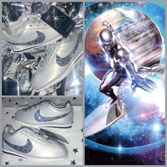 Silver Surfer Nike Cortez sz 10 C W crystals Silver Surfer Nike Cortez sz 10 C W crystals